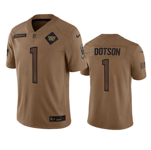 Men's Washington Commanders #1 Jahan Dotson 2023 Brown Salute To Service Limited Football Stitched Jersey Dyin
